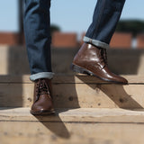 Tailored Rib Cuffs & Hem Craftsmanship Construction Detail on Duster Brogues Derby Brown Leather Boots