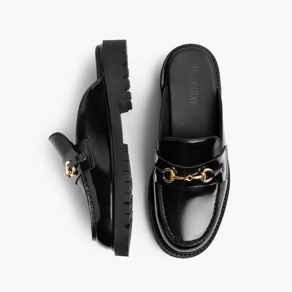 Penny Mule Preto & Gold Mocassins em couro para Mulher - Contraforte reforçado e costuras duplas de precisão