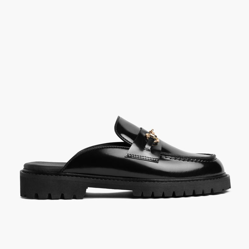 Penny Mule Preto & Gold Leather Loafers para Mulher