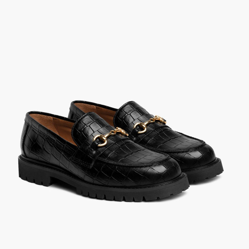 Penny Preto & Gold Croco Leather Loafers para Mulher
