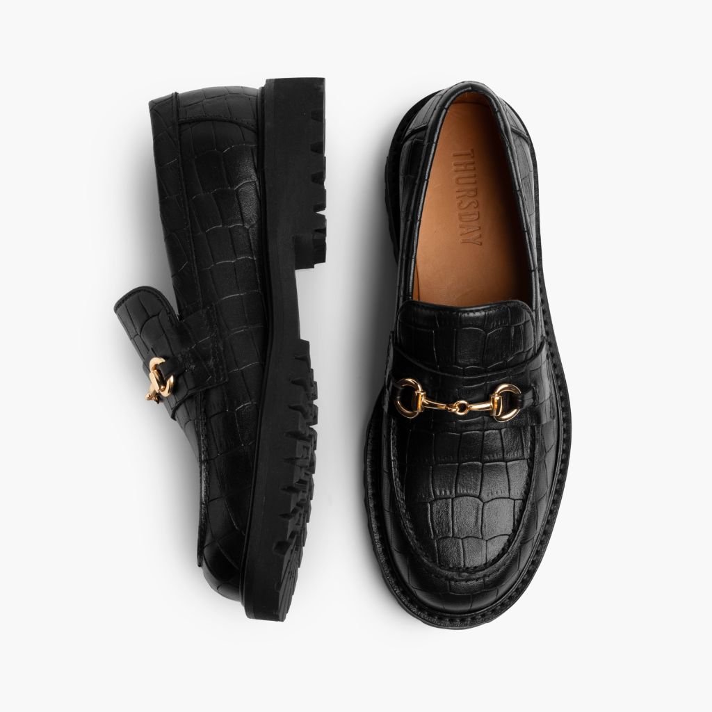 Penny Preto & Gold Croco Mocassins em couro para Mulher - Contraforte reforçado e costuras duplas de precisão