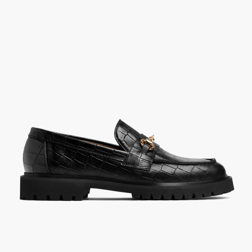 Penny Preto & Gold Croco Leather Loafers para Mulher