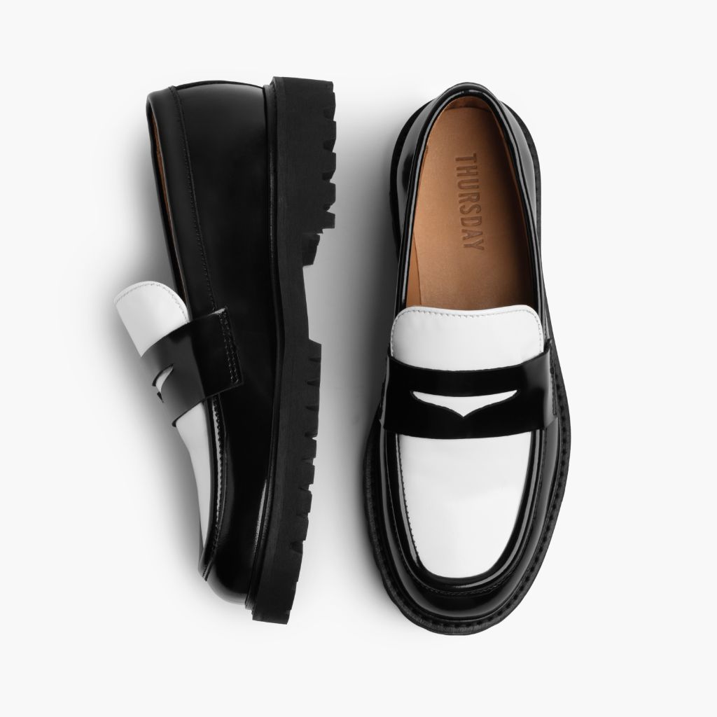 Penny Preto & White Mocassins em couro para Mulher - Contraforte reforçado e costuras duplas de precisão