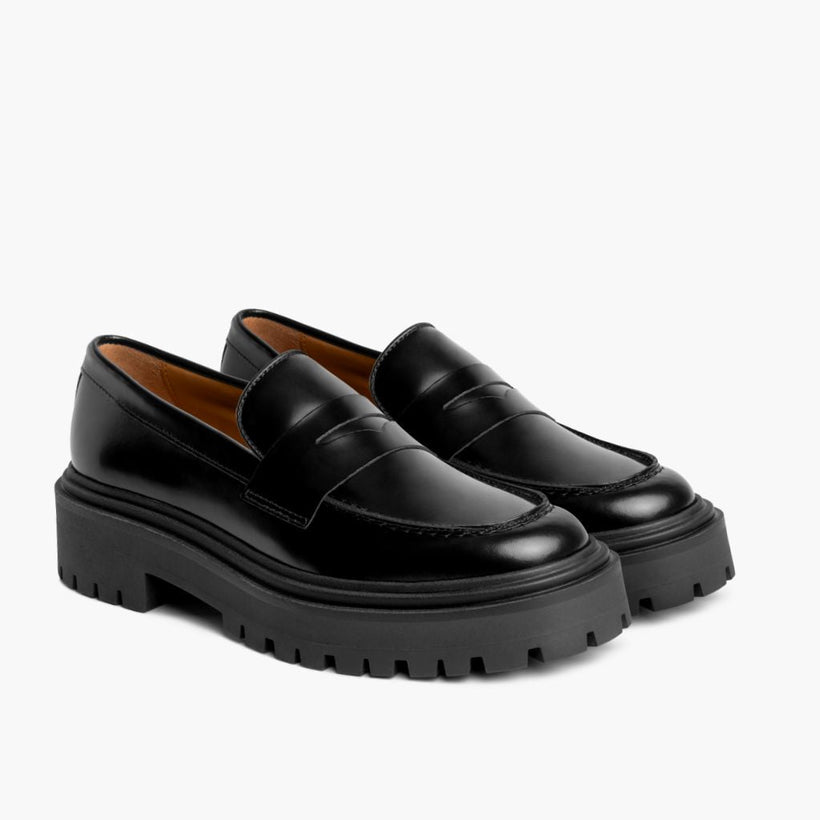 Penny Platform Preto Leather Loafers para Mulher