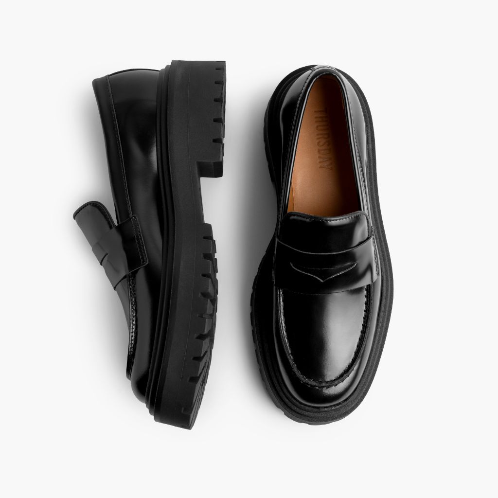 Penny Platform Preto Mocassins em couro para Mulher - Contraforte reforçado e costuras duplas de precisão