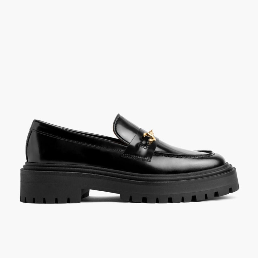 Penny Platform Preto & Gold Leather Loafers para Mulher