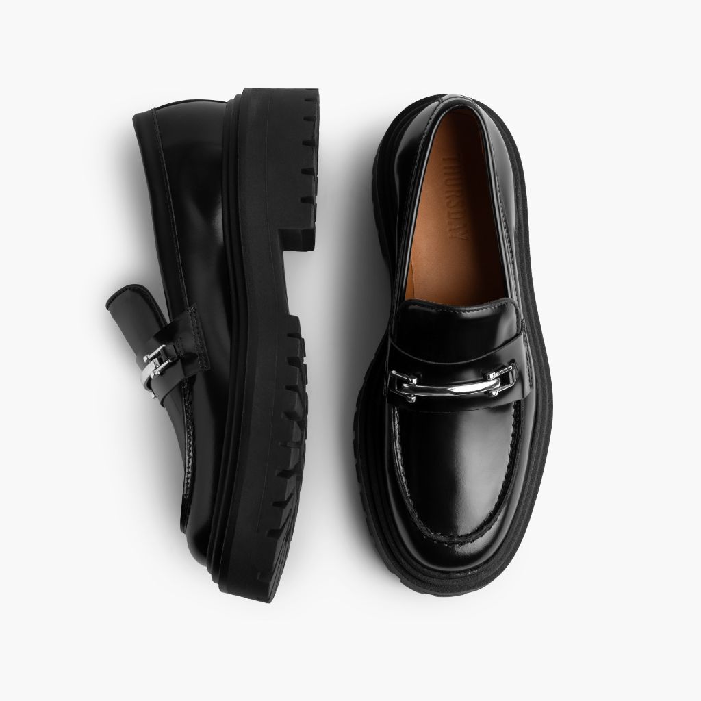 Penny Platform Preto & Silver Mocassins em couro para Mulher - Contraforte reforçado e costuras duplas de precisão