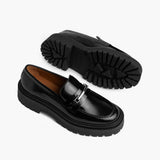 High-Traction Rubber Outsole & Lug Tread Pattern on Women's Penny Platform Black & Silver Leather Loafers