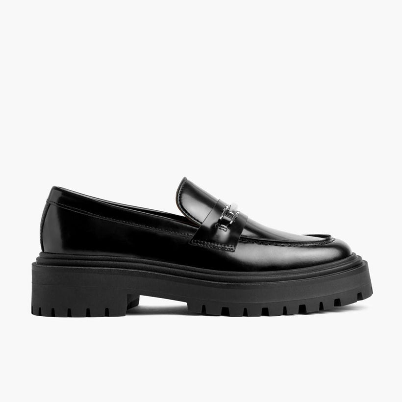 Penny Platform Preto & Silver Leather Loafers para Mulher