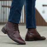 Styled Fit Perspective of Duster Brogues Derby Brown Burnished Leather Boots - StudGuard on Model - Natural Daylight Drape
