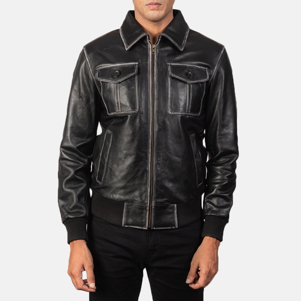Close-Up Detail of High Neck &amp; Zipper Hardware on Men's Aaron Distressed Black Leather Bomber Jacket