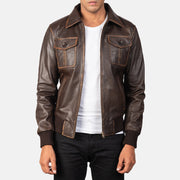 Men's Aaron Distressed Brown Leather Bomber Jacket in Brown Goatskin Leather - Front Profile View & Tailored Silhouette | Buy Online