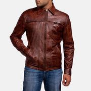 
Distressed Brown Sheep Skin Burnishing Biker Jacket - Vista traseira com ombros definidos e bainha impecável