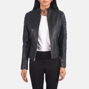 Women's Adalyn Quilted Black Leather Biker Jacket in Black Sheepskin Leather - Front Profile View & Tailored Silhouette | Buy Online