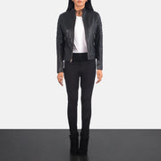 Women's Adalyn Quilted Black Leather Biker Jacket - Lateral Side Profile View Showing Sleeve Cut & Athletic Taper Fit