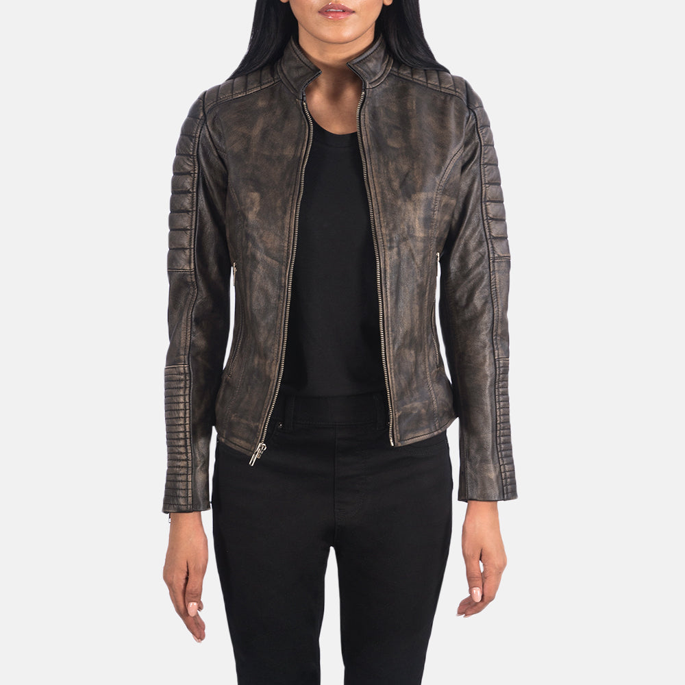 
Adalyn Acolchoado Distressed Castanho Jaqueta Biker de Couro para Mulher in Distressed Brown Goatskin Leather - Vista frontal e silhueta ajustada | Comprar online