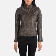 
Vista detalhada of Band & Zipper Hardware on Adalyn Acolchoado Distressed Castanho Jaqueta Biker de Couro para Mulher