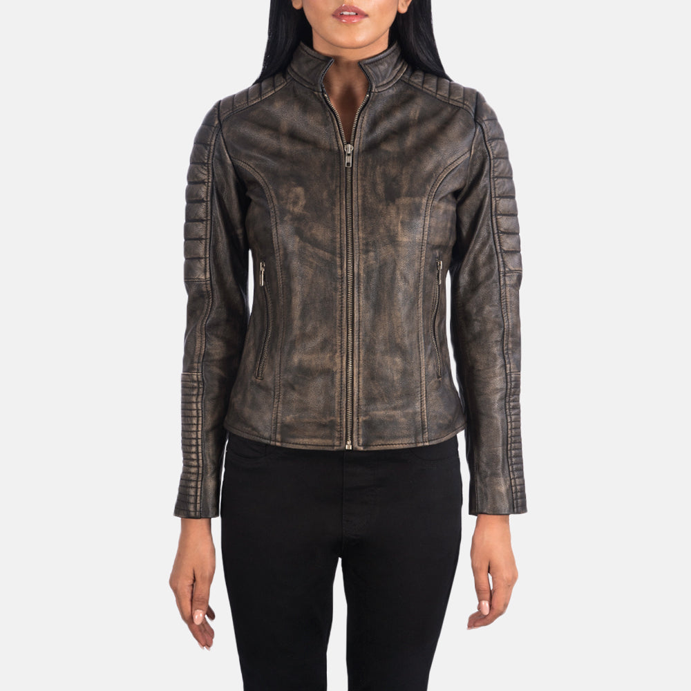 Close-Up Detail of Band & Zipper Hardware on Women's Adalyn Quilted Distressed Brown Leather Biker Jacket