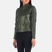 
Vista detalhada of Band & Zipper Hardware on Adalyn Acolchoado Verde Jaqueta Biker de Couro para Mulher