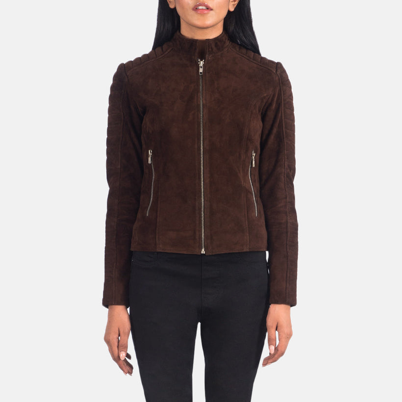 Adalyn Acolchoado Mocha Suede Blusão Biker de Couro para Mulher
