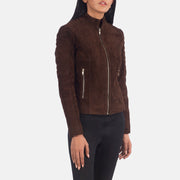 
Mocha Brown Goatskin Suede Biker Jacket - Vista traseira com ombros definidos e bainha impecável