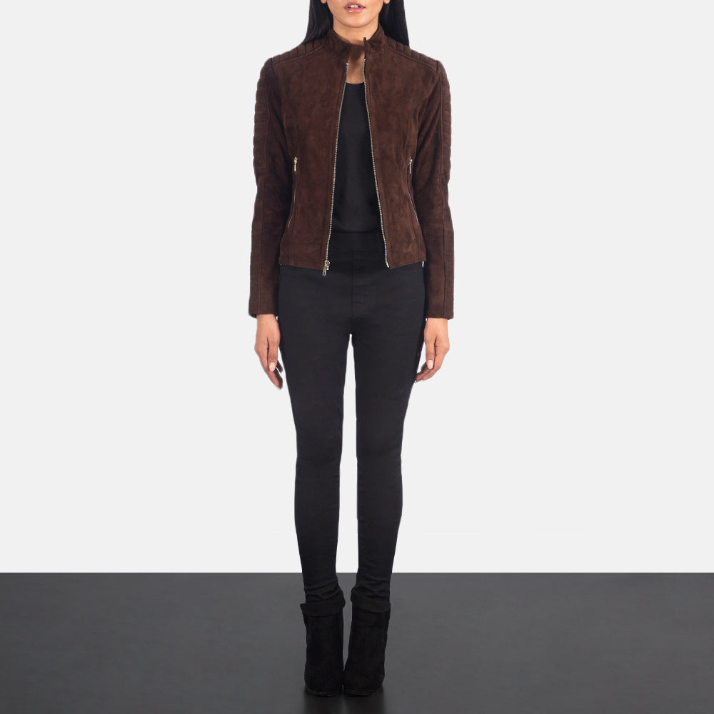 
Vista detalhada of Band & Zipper Hardware on Adalyn Acolchoado Mocha Suede Jaqueta Biker de Couro para Mulher