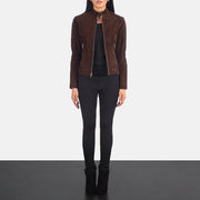 
Vista detalhada of Band & Zipper Hardware on Adalyn Acolchoado Mocha Suede Jaqueta Biker de Couro para Mulher