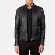 Men's Adornica Preto Blusão Biker de Couro para Homem in Black Sheepskin Leather - Front Profile View &amp; Tailored Silhouette | Buy Online