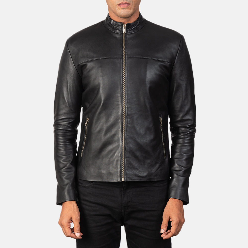 Men's Adornica Preto Blusão Biker de Couro para Homem - Lateral Side Profile View Showing Sleeve Cut &amp; Athletic Taper Fit