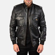 Men's Agent Shadow Preto Blusão Bomber de Couro para Homem in Black Sheepskin Leather - Front Profile View &amp; Tailored Silhouette | Buy Online