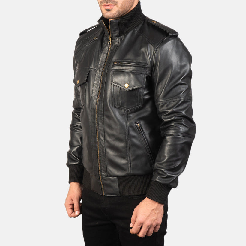 Agent Shadow Preto Blusão Bomber de Couro para Homem