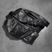 Rib knit &amp; Hem Craftsmanship Construction Detail on Men's Agent Shadow Preto Blusão Bomber de Couro para Homem