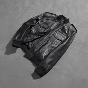 Styled Fit Perspective of Men's Agent Shadow Preto Blusão Bomber de Couro para Homem on Model - Natural Daylight Drape