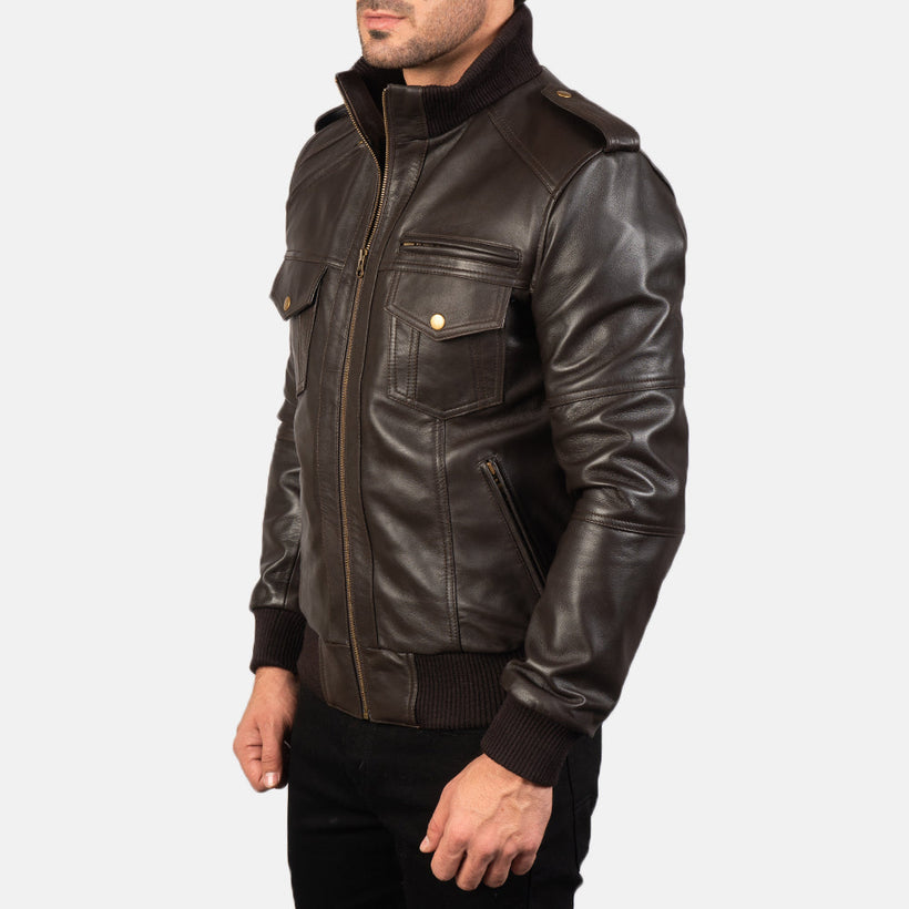 Agent Shadow Castanho Blusão Bomber de Couro para Homem