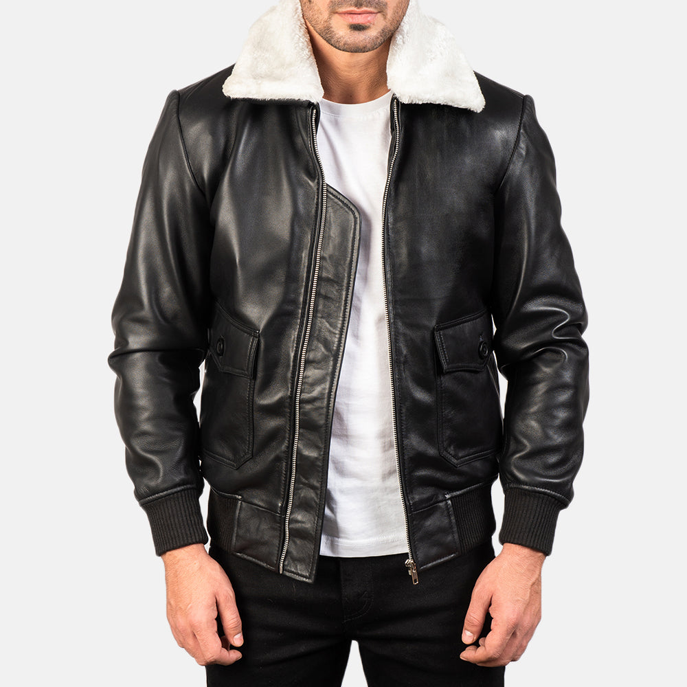 
Airin G-1 Black & White Leather Bomber Jacket in Black Sheepskin Leather - Vista frontal e silhueta ajustada | Comprar online