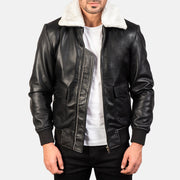 
Airin G-1 Black & White Leather Bomber Jacket in Black Sheepskin Leather - Vista frontal e silhueta ajustada | Comprar online