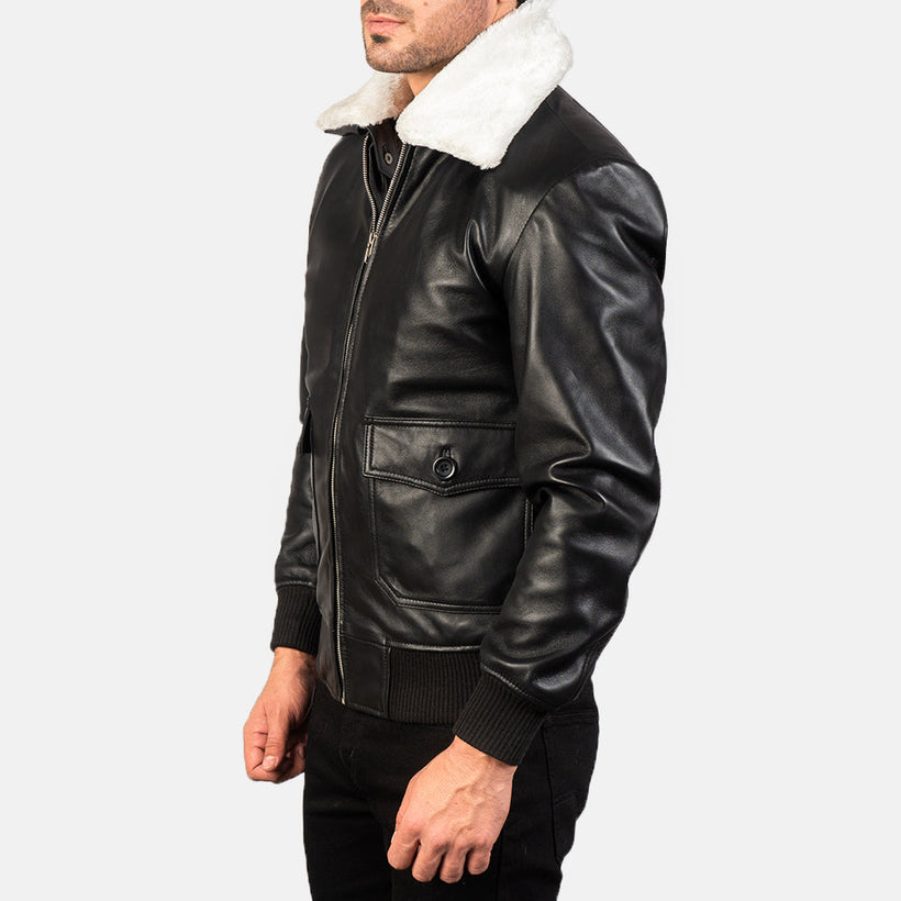 Airin G-1 Preto & White Leather Preto White Blusão Bomber de Couro para Homem