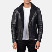 Men's Alberto Shearling Preto Blusão de Couro para Homem in Black Sheepskin Leather - Front Profile View &amp; Tailored Silhouette | Buy Online