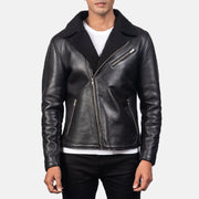 Men's Alberto Shearling Preto Blusão de Couro para Homem - Lateral Side Profile View Showing Sleeve Cut &amp; Athletic Taper Fit