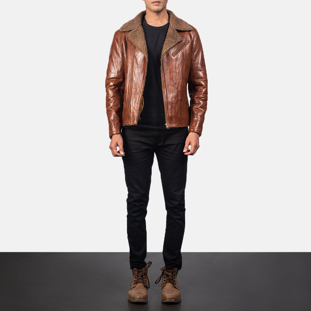 
Vista detalhada of Notch & Zipper Hardware on Alberto Shearling Castanho Jaqueta de Couro para Homem