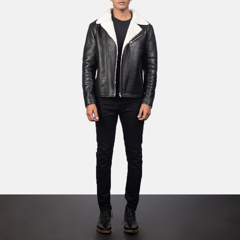 
Vista detalhada of Notch & Zipper Hardware on Alberto White Shearling Preto Jaqueta de Couro para Homem