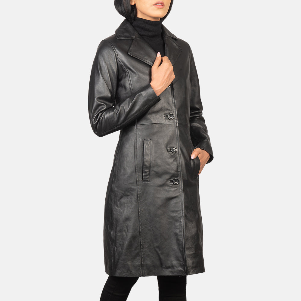 
Black Cowhide leather Coat - Vista traseira com ombros definidos e bainha impecável
