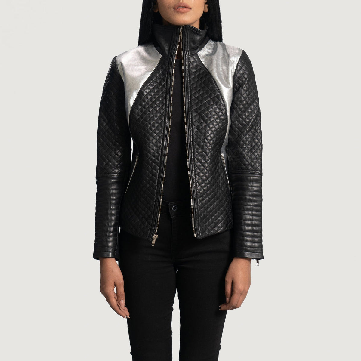 Women's Alia Metallic Preto Blusão Biker de Couro para Mulher in Black Sheepskin Leather - Front Profile View &amp; Tailored Silhouette | Buy Online