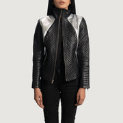 Women's Alia Metallic Preto Blusão Biker de Couro para Mulher in Black Sheepskin Leather - Front Profile View &amp; Tailored Silhouette | Buy Online