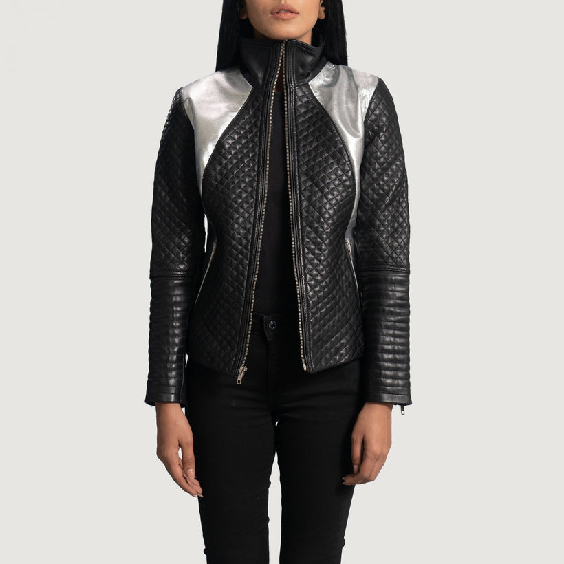 Alia Metallic Preto Blusão Biker de Couro para Mulher