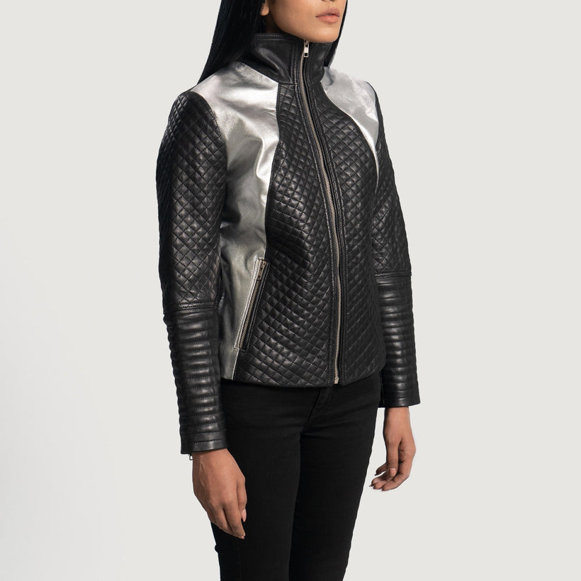 Alia Metallic Preto Blusão Biker de Couro para Mulher