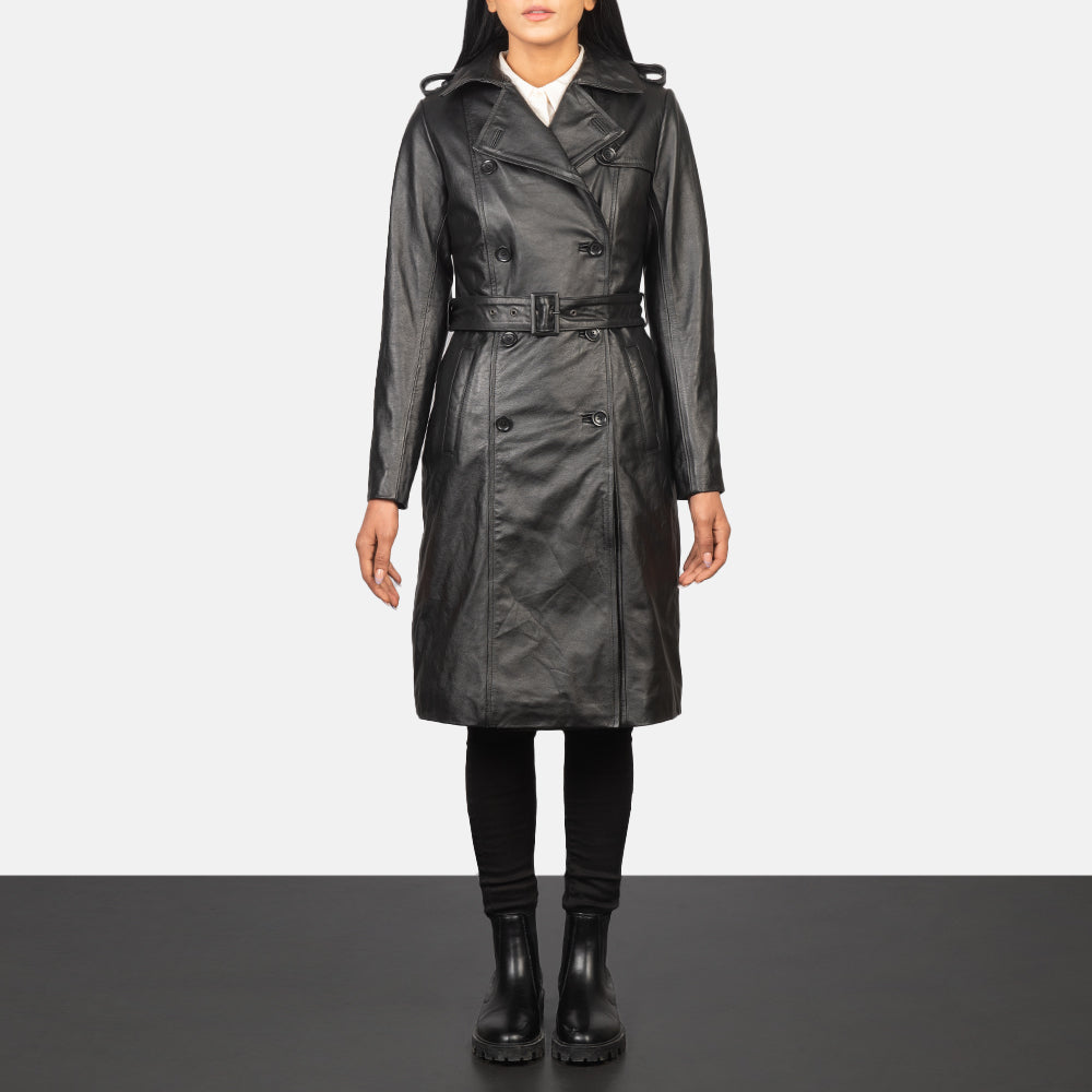
Alice Black Double Breasted Leather Coat in Black Cowhide Leather - Vista frontal e silhueta ajustada | Comprar online