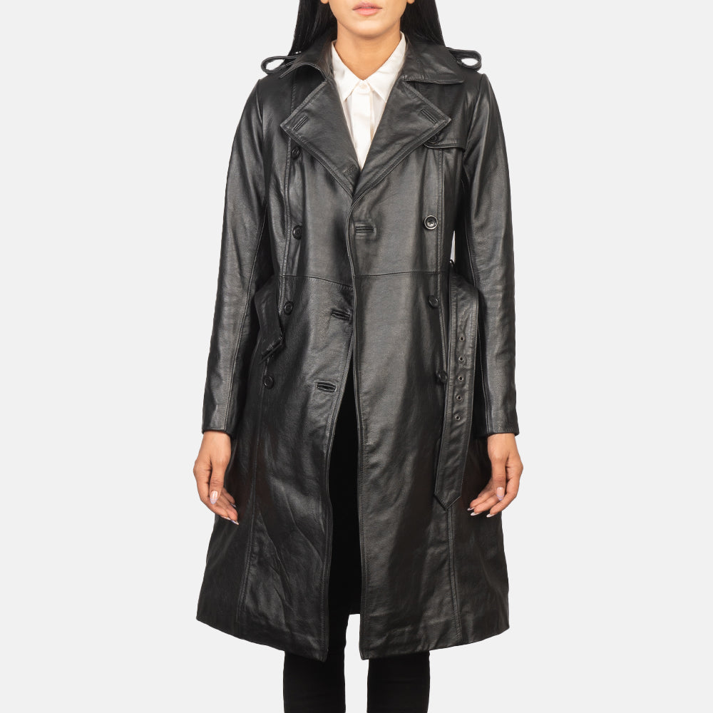 
Alice Black Double Breasted Leather Coat - Vista lateral mostrando o corte ergonómico de mangas