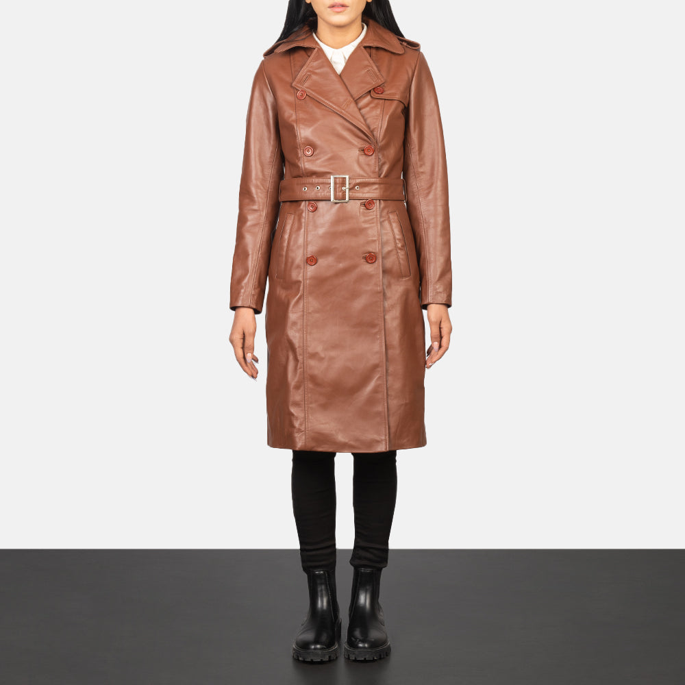 Women's Alice Castanho Double Breasted Casaco de Couro para Mulher in Black Cowhide Leather - Front Profile View &amp; Tailored Silhouette | Buy Online