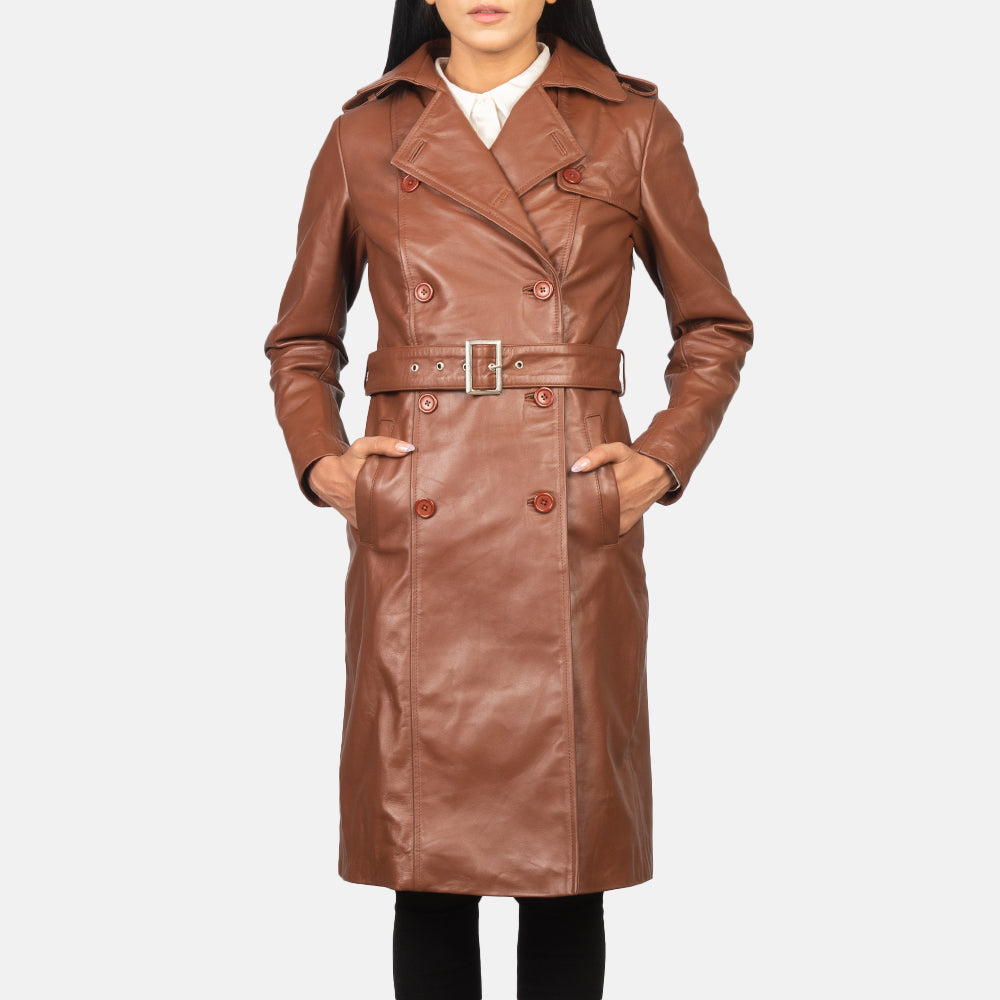 Women's Alice Castanho Double Breasted Casaco de Couro para Mulher - Lateral Side Profile View Showing Sleeve Cut &amp; Athletic Taper Fit